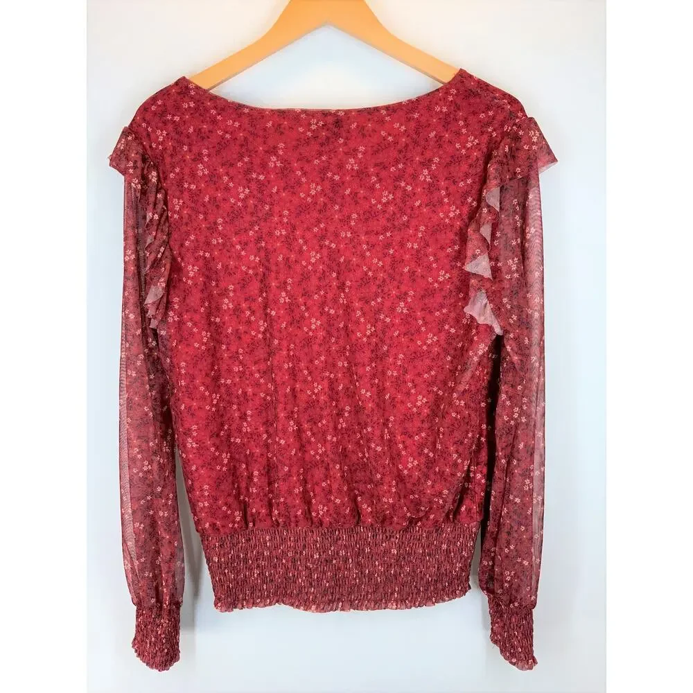BOBEAU Smocked Ruffle Trim Blouse In Rust Ditsy - Medium NWT - Picture 5 of 5